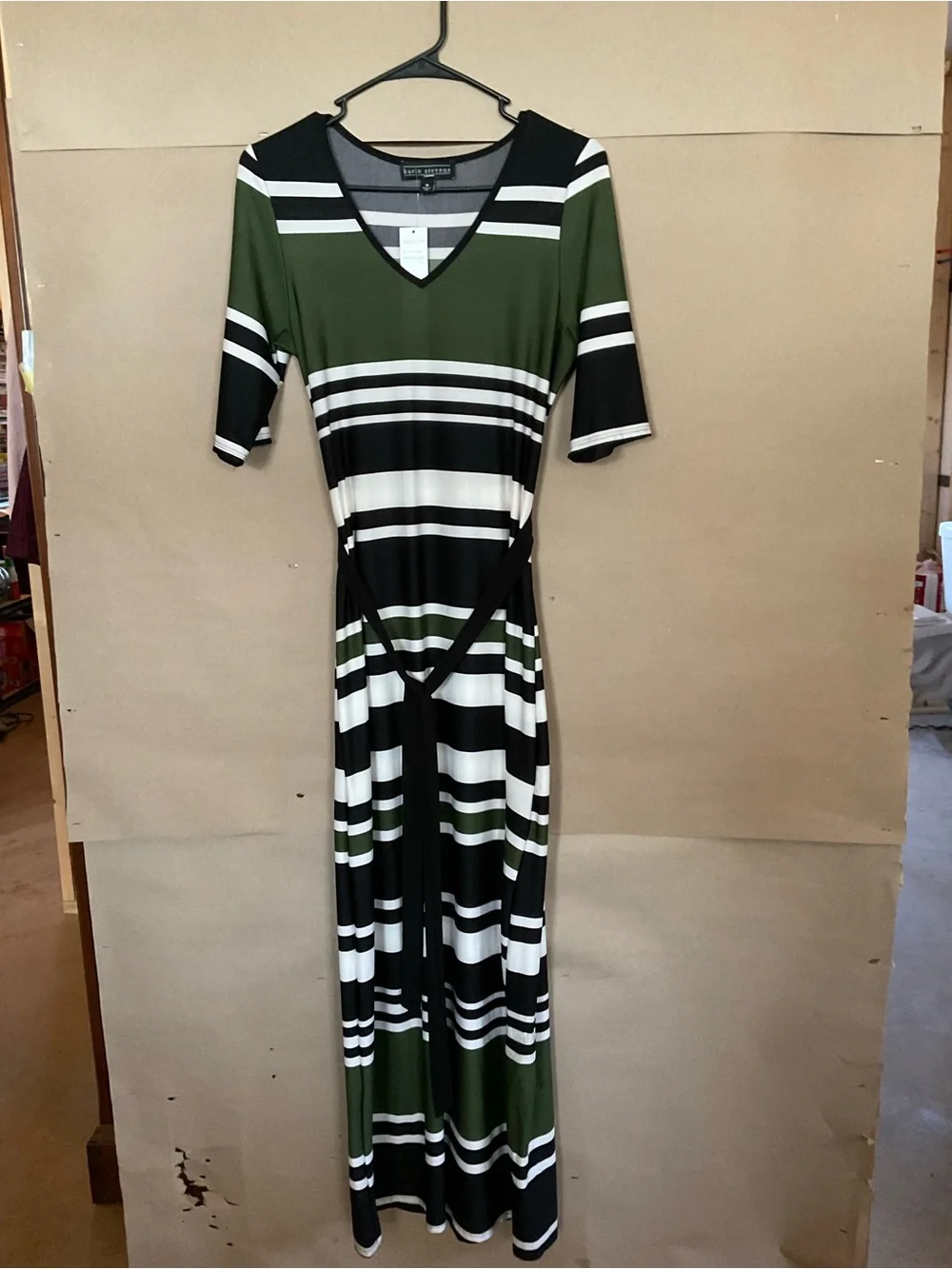 Karen Stevens NWT Striped V-Neck Maxi Dress in Olive, Black & White. Size M. - Picture 1 of 8